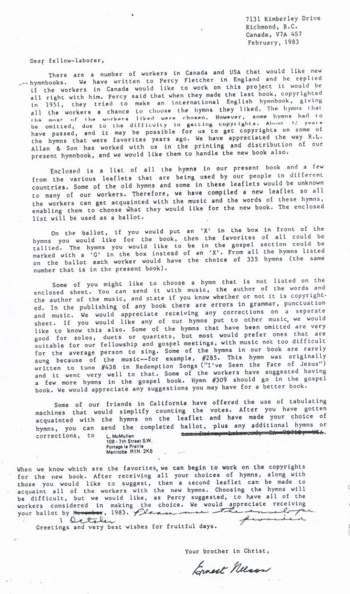 1983 Letter by Ernest Nelson inviting Fellow-Laborers
(workers) to make suggestions for hymnbook revision
Ernest Nelson Letter-1983.jpg