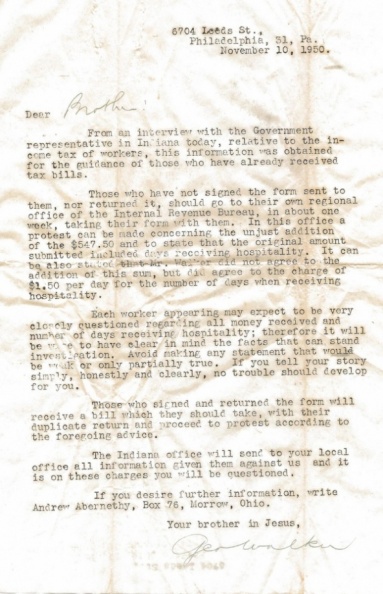 November 10, 1950 - Letter from George Walker advising Indiana workers how to respond to IRS requests.
George Walker re IRS-Indiana.jpg