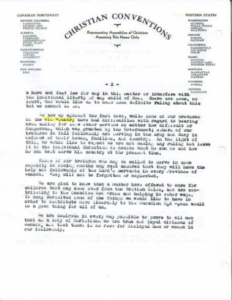A continuation of Jack Carroll's statement on Christian Convention stationary concerning World War II.
It was made at Theodore, SK Conv. on July 14, 1940.
.... a hard and fast law for...... .. page 2
CC Carroll, Jack Letter page2 .jpg