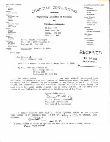 1996 Letter by Dale Shultz using Christian Convention letterhead for Western USA & Canada NW.
Willis used the title Overseer of Saskatchewan and Alberta Societies of Christian Assemblies.
CC Shultz, Dale 1996 _.jpg