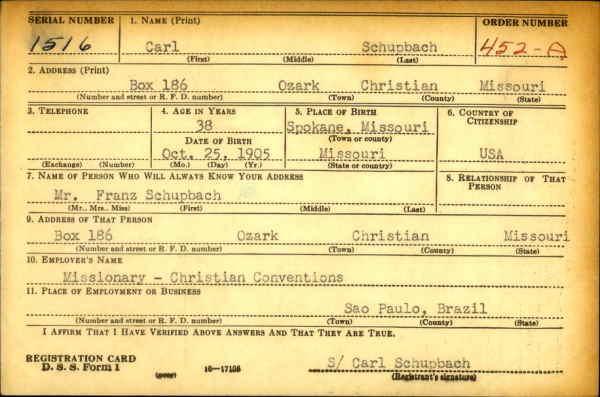 1943 Schupbach Carl Draft Card
