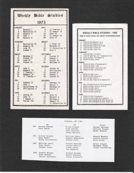 Two Wednesday Night Bible Study Lists and Convention Speakers List for Jackson, Mississippi Convention, 1989
Bible Study & Conv. Speaker Lists.jpg
