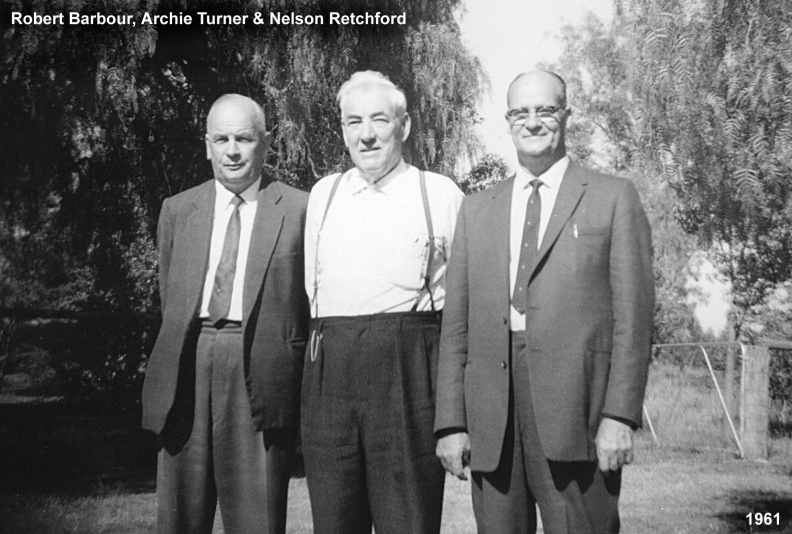 Robert Barbour, Archie Turner, Nelson Retchford.
Robert Barbour from New Zealand, began as Overseer of South Australia in 1946.
Archie Turner pioneered Cape Breton, Nova Scotia, Newfoundland in 1928,
He labored in Canada; Overseer of Queensland Australia 1959-1971
and was Overseer of Scotland 1971.
Nelson Retchford from South Australia entered work in 1924, preached mostly in India and South Australia
He was one of pioneers to Burma (Myanmar) and he died in 1989.
Barbour, Robert, Archie Turner, Nelson Retchford.jpg