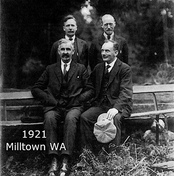 1921 Milltown, Washington Convention.
Prominent early Irish workers who became Overseers.
L-R, Back row: Jack Carroll, Western North America (1904);
George Walker, Eastern North America (1899).
Front Row: Willie Gill, England (1900);
Bill Carroll, Victoria, Australia (1903) WA 1921 Milltown 4 Workers.jpg