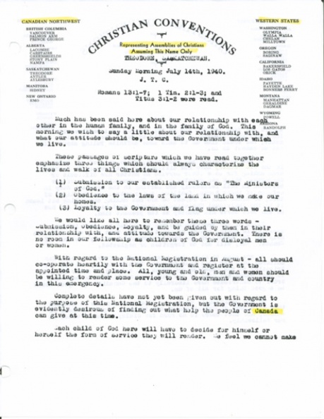 Concerning World War II, Statement by Jack Carroll on Christian Convention stationary made at Theodore, SK Convention on July 14, 1940.
It begins, This morning we wish to say a little about our relationship with, and what our attitude should be, toward the Government under which we live... page 1
CC Carroll, Jack Letter page.jpg