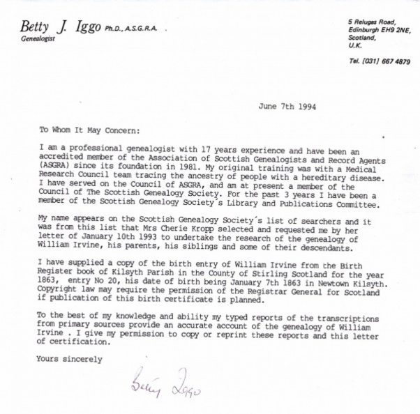 Certification of genealogy of Family of William Irvine by
Dr. Betty Iggo, Genealogist with the Scottish Genealogy Society.
Genealogist Betty Iggo _.jpg