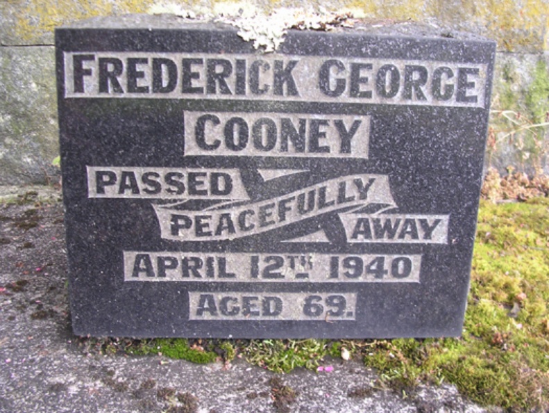 Frederick (Fred) George Cooney was born Sept 3, 1869 in Fermanagh, Ireland.
Died April 12, 1940, age 70 and is buried Rotorua Crematorium & Cemetary, Rotorua, New Zealand.
Married Mildred Tatlow Aug 28, 1907.
Immmigrated to New Zealand Sept 25, 1924. Cooney, Fred-Tombstone x4.jpg