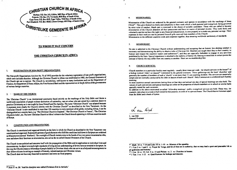 Africa - Previous General Overseer Letter ('The Chistian Church')
