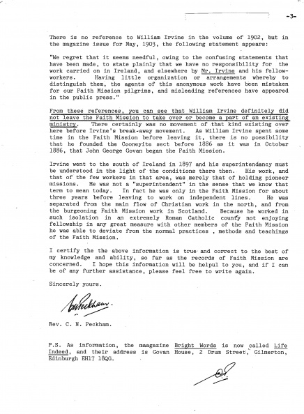 1991 Faith Mission Letter to Cherie Kropp
with information about William Irvine and
his activity with the Faith Mission.
Page 3-3 1991 Faith Mission Letter Page 3.jpg